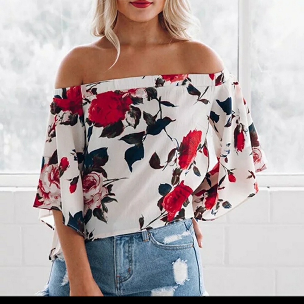 Sexy oversized floral crop top blouse - Picture 1 of 3